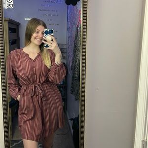 Burgundy long sleeve dress with stripes